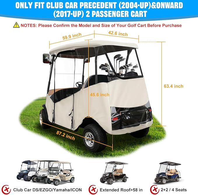 iLSKW Golf Cart Driving Enclosure 2 Passenger Only for Club Car Precedent 2004-Up, Tempo & Onward 2017-Up Cart with Roll Up Door Zipper Design, 4-Side Clear Windows 600D Heavy Duty Rain Cover
