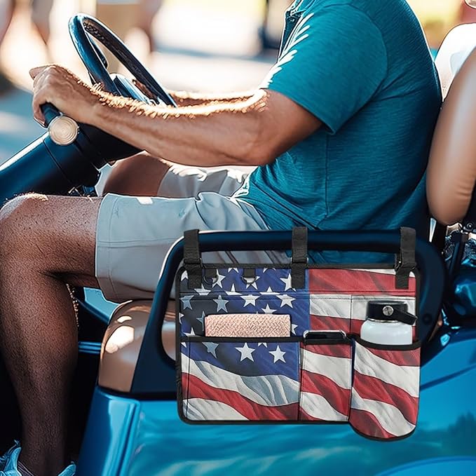 American Flag Golf Cart Bag, Golf Cart Rear Seat Organizer with Open Pockets for Golf Balls & Bottles
