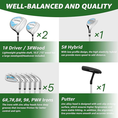 10 Pieces Golf Clubs Full Set Mens Right Hand,Golf Set Includes Stand Bag with Rain Hood, 1#Driver 3#Wood #5 Hybrid,with 3 Head Covers, 6# 7# 8# 9# PW# Irons and Putter