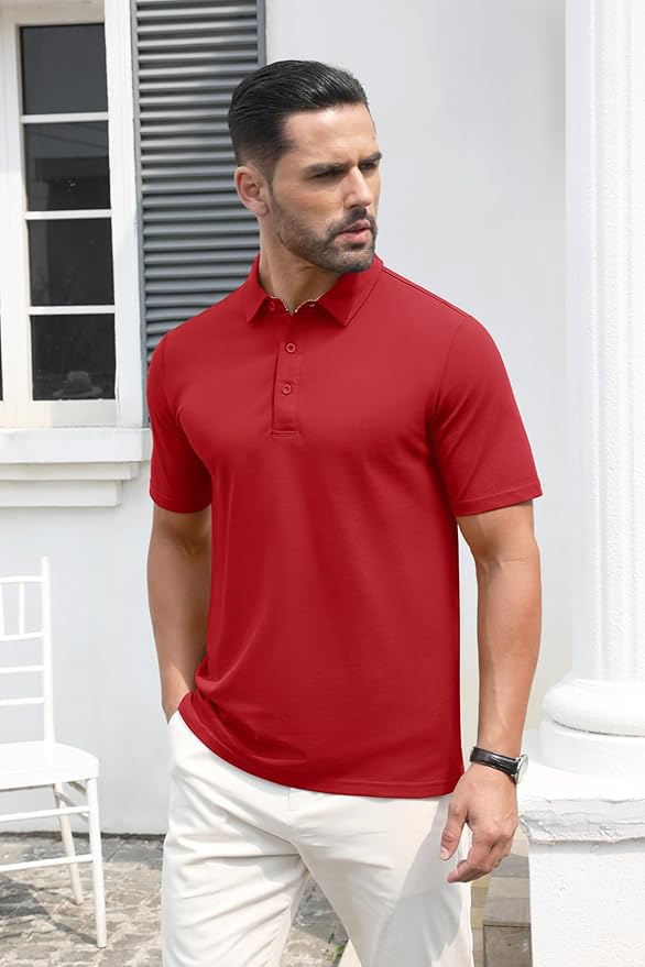 MAGCOMSEN Men's Polo Shirts Short Sleeve Cotton Pique 3 Button Classic Fit Casual T-Shirt Performance Golf Shirts