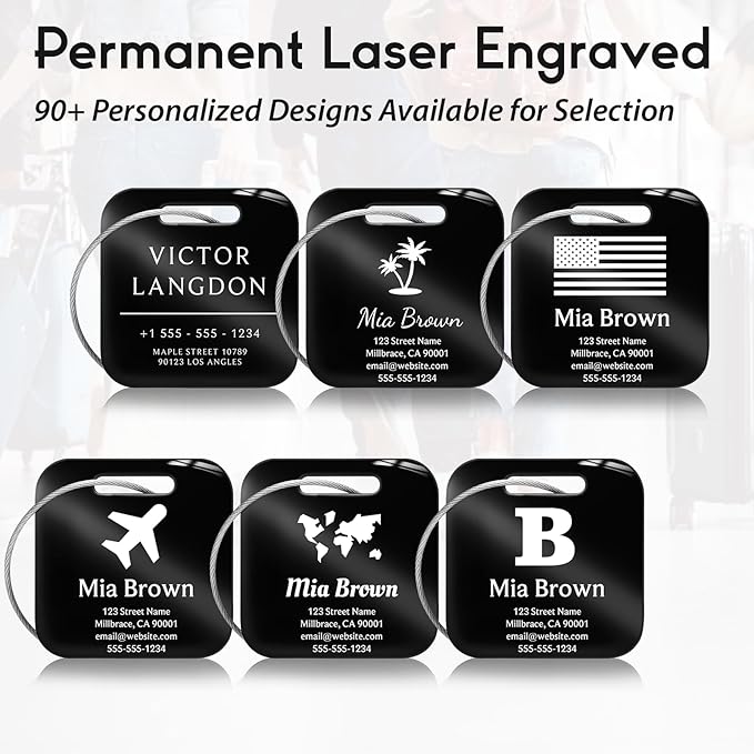 Customized Stainless Steel Luggage Tags: Personalize Your Suitcases, Backpacks, and Bags with Your Text (Black)