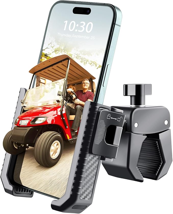 [Upgrade] Golf Cart Phone Mount Holder [Military-Grade Sturdy] with Security Double Lock Compatible with EZGO/Club Car/Yamaha, -360° Rotation with Anti-Scratch Pad [Big Phones & Thick Cases Friendly]