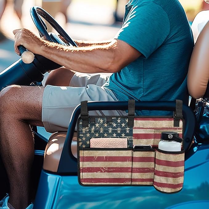 American Flag Golf Cart Bag, Golf Cart Rear Seat Organizer with Open Pockets for Golf Balls & Bottles