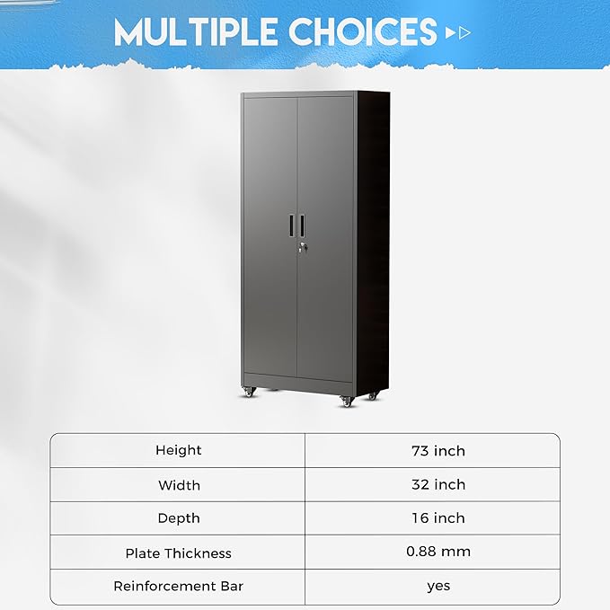 Greenvelly Metal Garage Storage Cabinet with 4 Swivel Wheels, 73” Black Storage Cabinet on Wheels, Rolling Tool Cabinet with Locking Doors and Shelves for Home, Basement, Kitchen Pantry, Warehouse