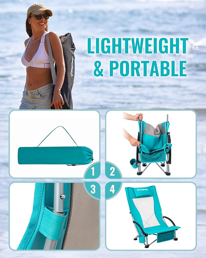 KingCamp Low Beach Chairs, Folding Portable Chair for Adults Lightweight Extra Wide Seat 300lbs Heavy Duty Oversized Backpack, Carry Bag for Camping