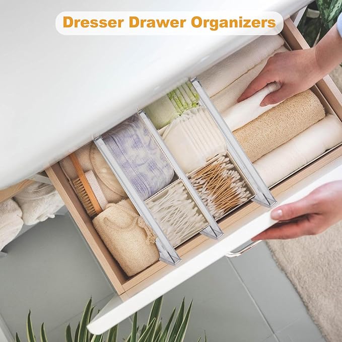 6 Pack Drawer Dividers for Clothes, 4" High 10"-17" Adjustable Drawer Dividers Expandable Dresser Drawer Organizer, Clear Drawer Separators for Clothes, Underwear, Cosmetic, Kitchen Utensils Storage