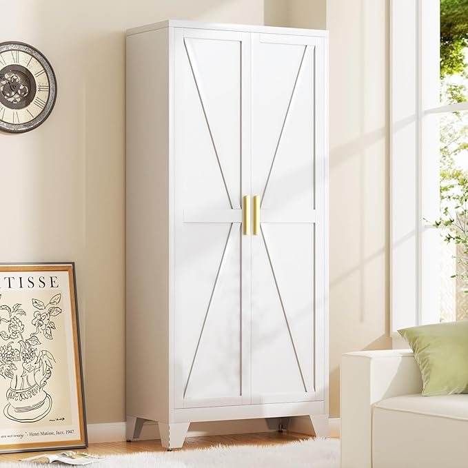 71H Tall Metal Storage Cabinet with 2 Doors and Adjustable Shelves,Farmhouse Storage Cabinet with Barn Doors,Pantry Storage for Home,Office,Dining Room,Kitchen,Bathroom(White)