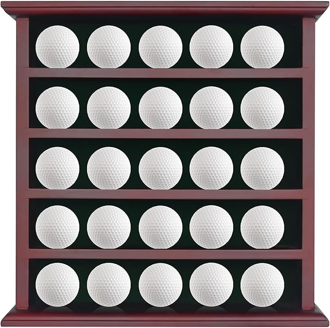 25 Golf Ball Display Case Wall Mounted -Mahogany Golf Ball Holder with Green Velvet Backing, Anti-Fall Slots, No Assembly Needed for Golf Souvenirs & Collectibles