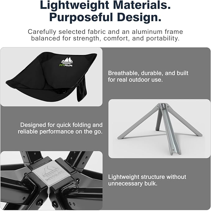 Lightweight Folding Camping Chair — 3.3 lb Compact Portable Design, One-Piece No Assembly Structure, Aluminum Frame, Easy Carry Chair for Travel, Hiking, Camping & Beach