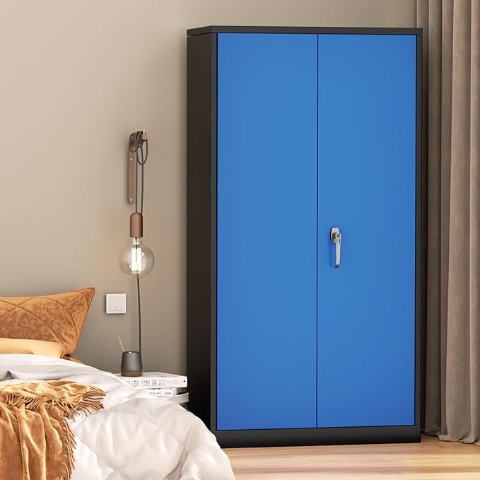 INTERGREAT Metal Storage Cabinet with Doors, 72" Locking Steel Storage Cabinet with Shelves, Tall Metal Cabinet Lockable Steel Cabinets for Home Office, Garage,(Black+Blue)