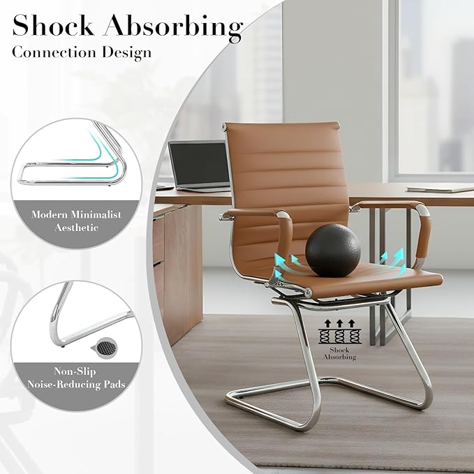 CIMOTA Waiting Room Chairs Leather Office Guest Chair Mid Back Reception Chairs with Sled Base for Meeting/Patient/Conference Room, Brownish Yellow Set of 8