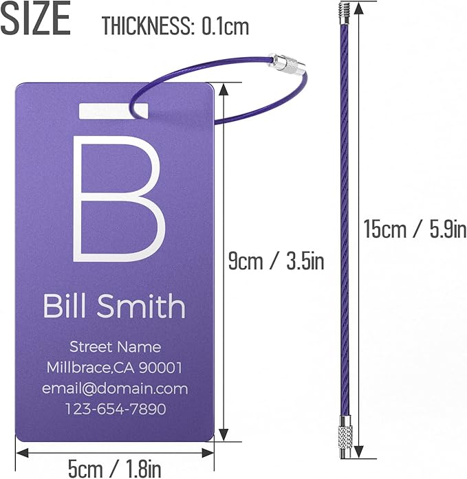 Personalized Metal Luggage Tags, Custom Suitcase Aluminum Name Tags with 5.9in Steel Ring, Laser Engraved Text and Logo, for Travel Gift, Baggage, Golf Bag (Purple)