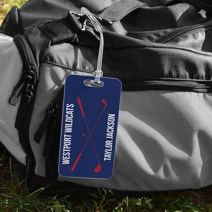 ChalkTalkSPORTS Golf Luggage & Bag Tag | Personalized Crossed Golf Clubs | Standard Lines on Back | Large | Navy/Red