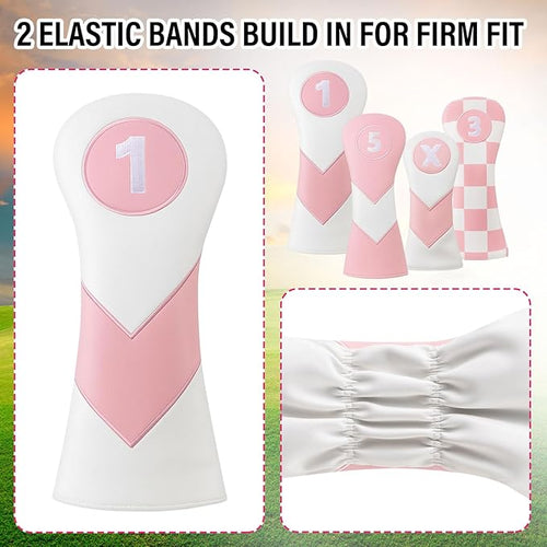 16 Pcs Pink Golf Accessories Kit Include 4 Pcs Golf Club Head Covers, Ball Bag with Hook Pink Towel Magnetic Ball Marker Tees Divot Tool Cleaner Brush for Christmas Women Girls Gifts
