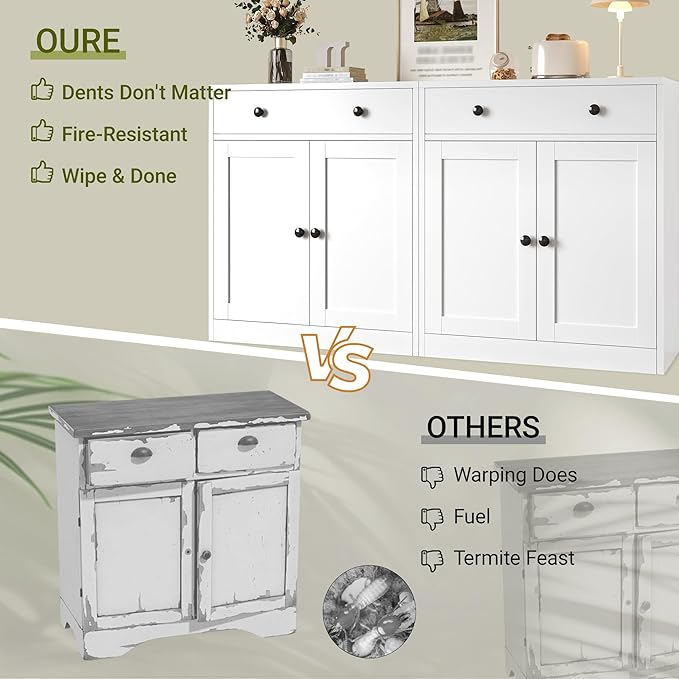 BESFUR Buffet Metal Cabinet with Storage 32”,White Sideboard Farmhouse Storage Cabinet with Adjustable Shelves, 2 Drawer and 4 Doors for Entryway Living Room, Bathroom, Kitchen,Home Office,Apartment
