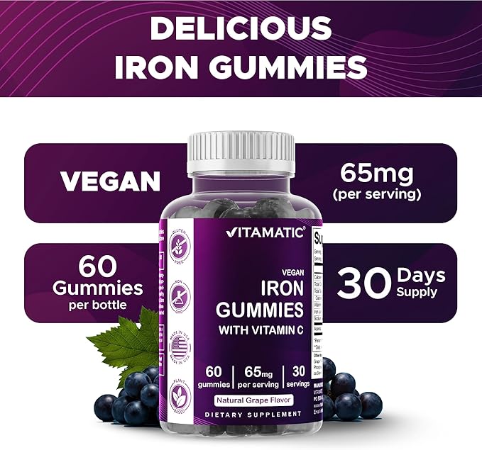 Vitamatic Iron 65 mg Gummies Supplement for Women & Men - 60 Vegan Gummies - Great Tasting Iron Gummy Vitamins with Vitamin C (2)
