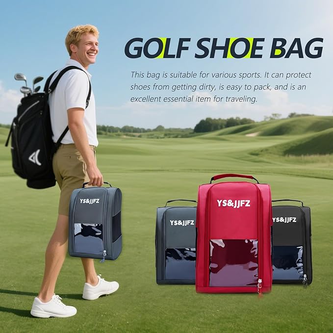 YS&JJFZ Golf Shoe Bag, 2 Pcs Golf Shoes Bag Men/Women Outdoor Zippered shoe bags for travel Tote with Ventilation, 2-sided breathable mesh fabric, front transparent visible film