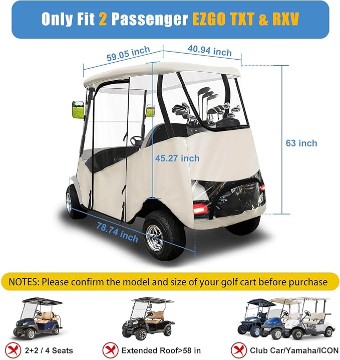 MOSNAI Golf Cart Enclosure 2 Passenger for EZGO TXT & RXV with Zippered Doors, 600D Heavy Duty Oxford and Thickened Clear PVC, Keep Warm Golf Cart Rain Cover Weather Enclosure with 8 Windproof Hooks