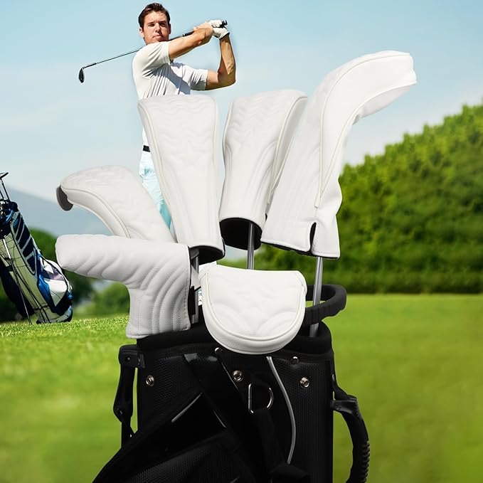 4pcs or 1pc Golf Club Head Covers for Woods, Driver, Fairway, Hybrid – Premium PU Leather with Interchangeable Tags & Magnetic Blade and Mallet Putter Covers