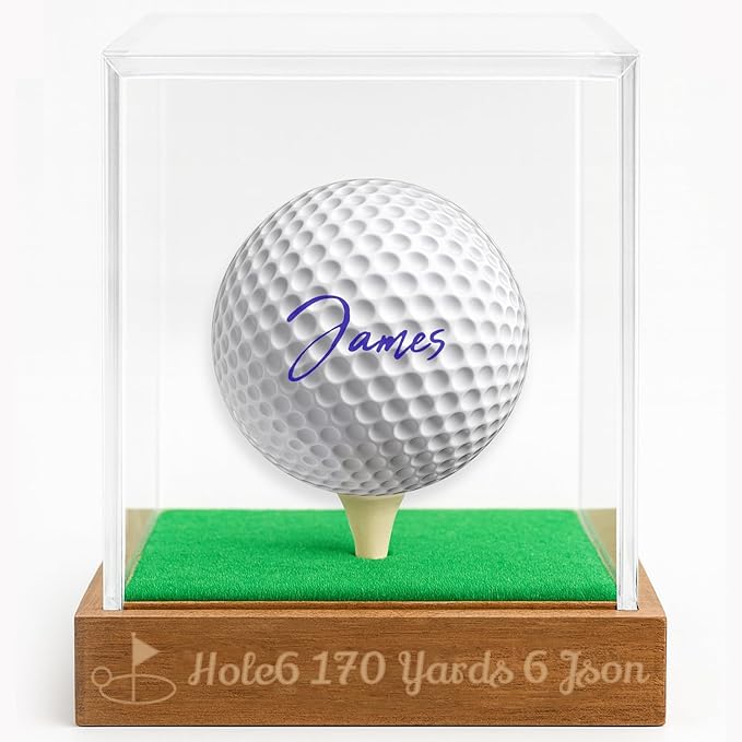 Personalized Golf Ball Display Case for Hole in One - Custom Engraved Golf Ball Memorabilia Display Box with UV Protective Acrylic Cover & Elegant Designs for Golfers Husband Father