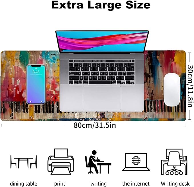 Colorful Music Gaming Mouse Pad, Office Desk Mat, Anti-Slip Rubber Base Cool Aesthetic Mouse Pads for Computer Laptop Keyboard School Home Desktop Gamer Home Accessories Decor 31.5" x 11.8"