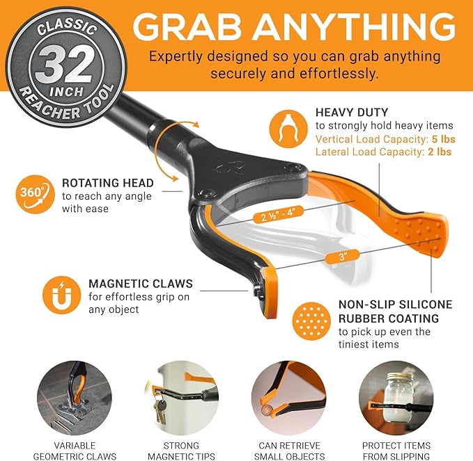 EZPIK Classic 32" Flexible Folding Grabber Tool for Elderly + Magnets, Reacher for Disabled & Seniors Heavy Duty Rotating Grippers for Reaching Underneath, Trash Grabbers & Pickers for Mobility 2-Pack