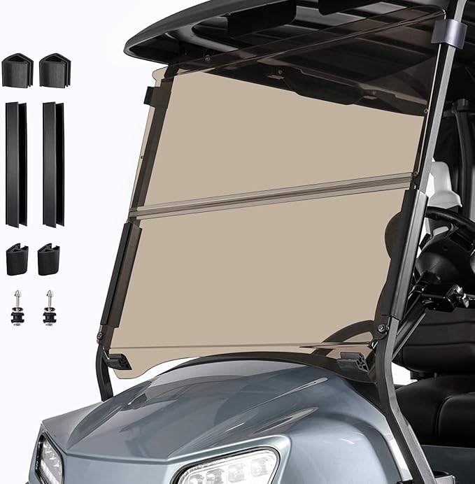 Golf Cart Foldable Windshield 3/16" (5MM) Thicken Only Fits Club Car Precedent 2004+, Tempo 2017+, Onward 2017+, 1"×1" Struts Rail Front Folding Acrylic Windshield Replacement - Tinted