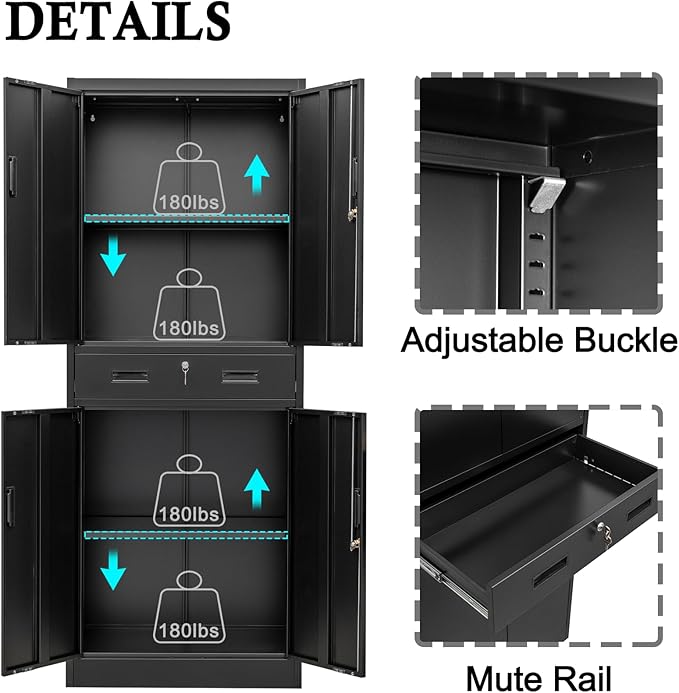 BESFUR 71" H Metal Storage Cabinet with 1 Lockable Drawer and 2 Lockable Doors, Garage Storage Cabinet with 2 Adjustable Shelves, Locking Cabinet for Garage, Office, School - Black