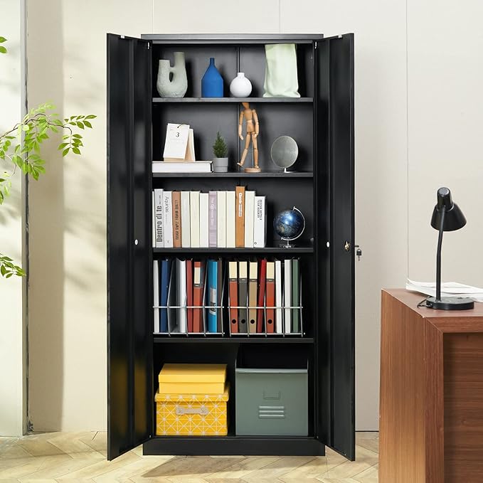 VEVOR Metal Storage Cabinet, Steel Locking Storage Cabinet with 2 Magnetic Doors and 4 Adjustable Shelves, 71'' Metal Cabinet 200 lbs Capacity per Shelf with 3 Keys, for Office, Home, Garage, Black