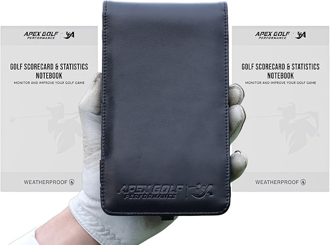 PU Leather Golf scorecard Holder & 2 Weatherproof Golf Notebook with Golf Yardage Book/Golf Scorecard Book - Golf Notebook + 30x scorecards. Golfers Journal, Perfect Golf Gadgets for Men/Woman