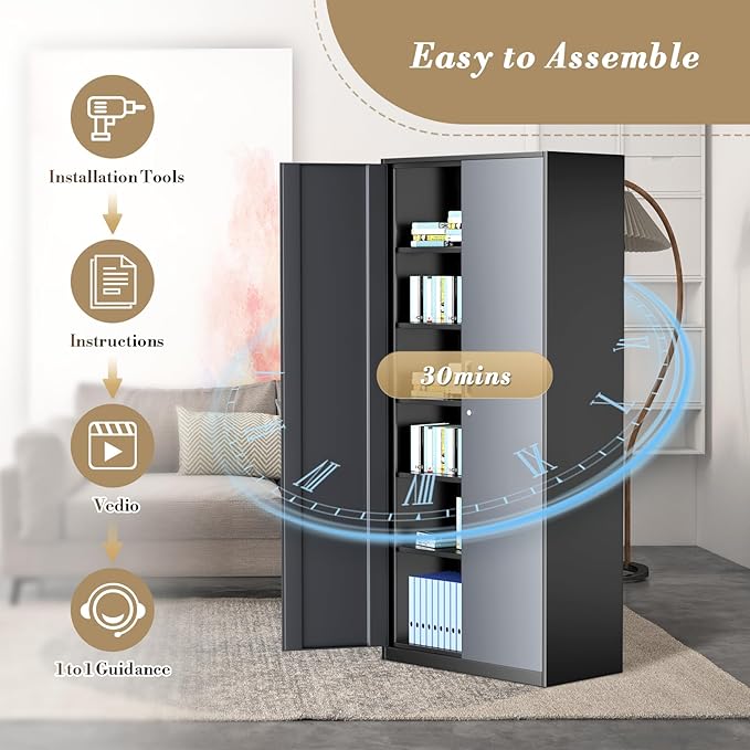 Athena Collection 71" Tall Metal Storage Cabinet with 2 Doors and 6 Ajustable Shelves, Garage Storage Cabinet for Files, Tools, Home Offcie, School, Garage, Pantry, Grey Black