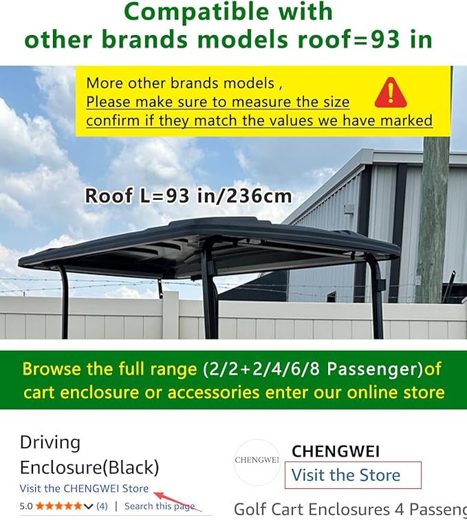 Golf Cart Enclosures 4 Passenger 93 inch Extended Roof for EDACAR Terrain 4 Seater,Clear Rain Cover 4 Sided Transparent Windows Zippers Door Roll Up Driving Enclosure,Side Mirrors Opening(Black)