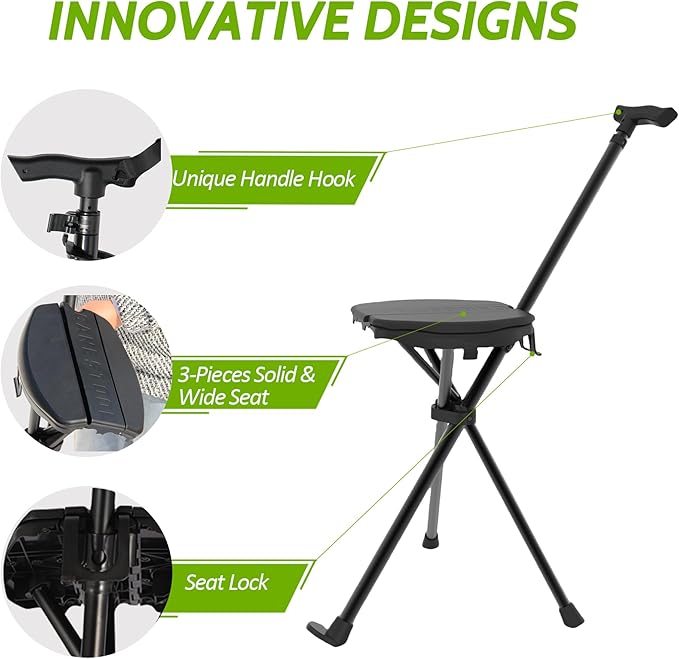 Portable Walking Stick with Cushion, Adjustable Height Cane with Seat, Portable Cane Stool, Lightweight Aluminum, Capacity 550 Lbs, for Camping, Hiking, Climb, Anti-Slip with Carry Bag