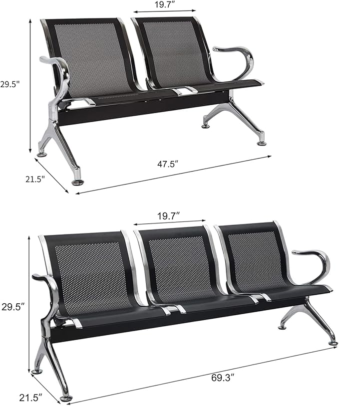 kinbor Waiting Room Chairs - Durable Black Reception Bench with Armrests, 5-Seat Office Reception Guest Chairs for Office, Hospital, Airport, Bank & Lobby