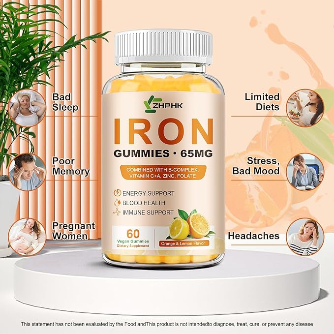 Iron Supplement Gummies, 65mg Iron and 250mg Vitamin C for Women Men Kids, Natural Vegan with Vitamin A, B-Complex, Biotin, Zinc & Folate Energy Support & Immune Health, 60 Count