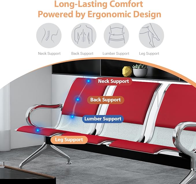 Kinfant 3-Seat PU Leather Waiting Room Bench – Red Reception Chair for Office, Hospital, Bank, Salon, Airport
