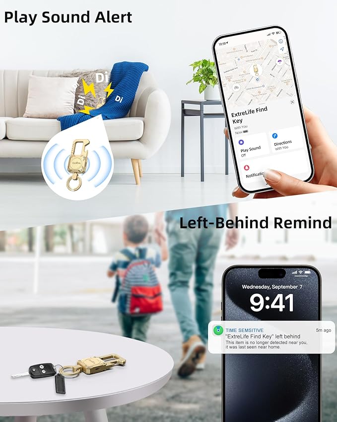 Keychain, Works with Apple Find My, Heavy Duty Keychain Bottle Opener, Carabiner Car Key Chains with GPS Tracker, Key Finder, Bluetooth Tracker for Luggage, Kids, Bags and More, Rechargeable, Gold
