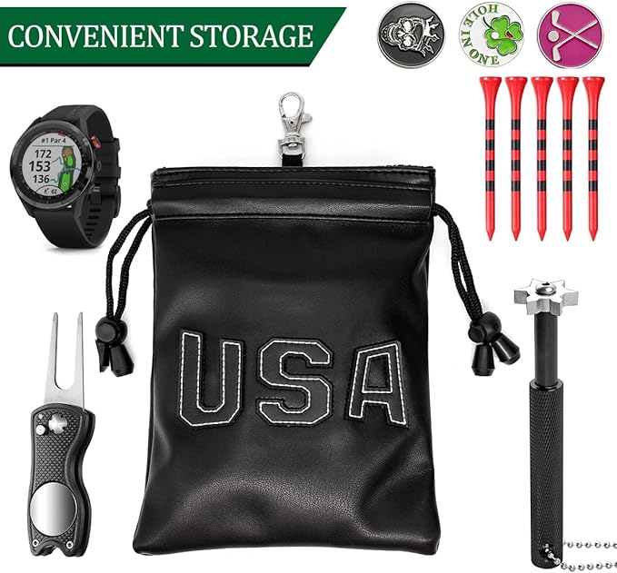 Golf Valuables Pouch,Golf Bag Pouch with Drawstrings Leather Tee Pouchs Bag for Men Women