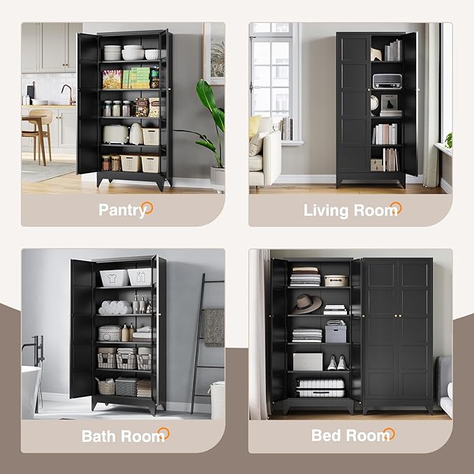 Yizosh Metal Storage Cabinet with 2 Doors and 4 Adjustable Shelves - 71" Black Kitchen Pantry Storage Cabinet,4-Tier Tall Steel Cabinet Locker for Living Room,Dining Room,Kitchen