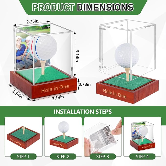 Wenqik Hole in One Golf Ball Display Case with Wood Base and Tee Golf Display Case Clea Ball Holder Stand Acrylic Transparent Storage Box for Single Dust UV Protection