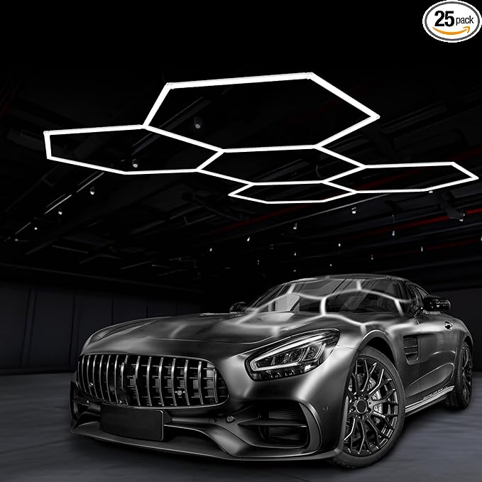 Hexagon Garage LED Lights.Higher Brightness 5 Grid 220W 26400LM 6500K Honeycomb Hexagon Ceiling Led Light with Rectangle Frame.Honeycomb Hex Led Light System for Garage Barbershop Warehouse Basement