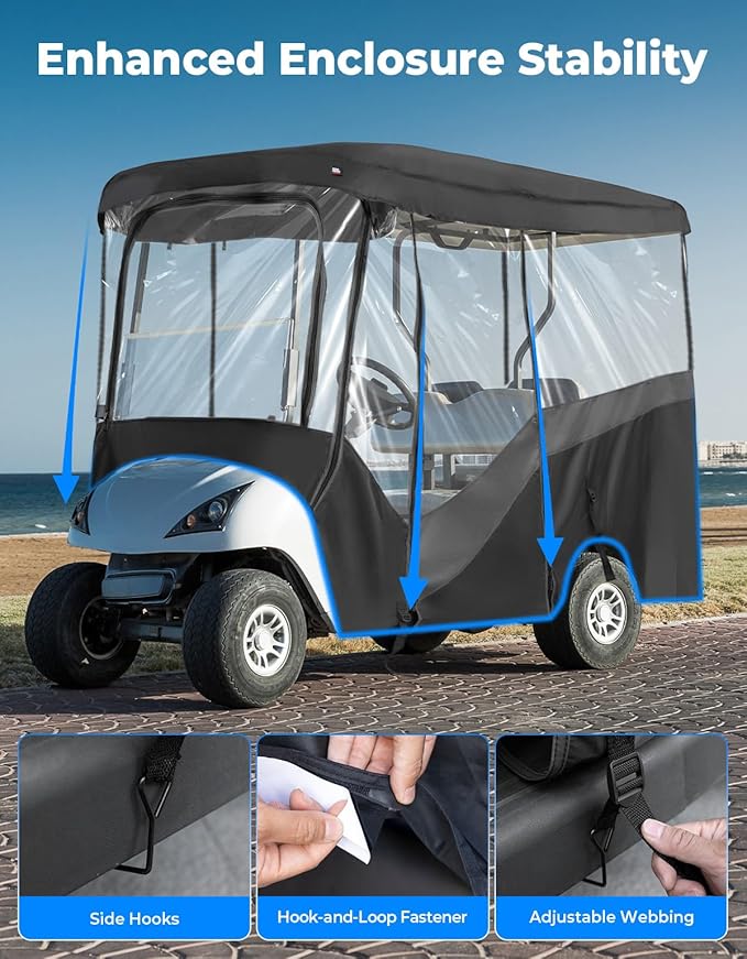 KEMIMOTO Golf Cart Enclosure, 4&6 Passenger Golf Cart Rain Cover, 600D Waterproof Driving Enclosure with Clear PVC Windshield for Extended Roof Cart