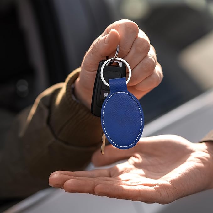 LaserGram Oval Keychain, Palm Trees, Personalized Engraving Included (Dark Blue)