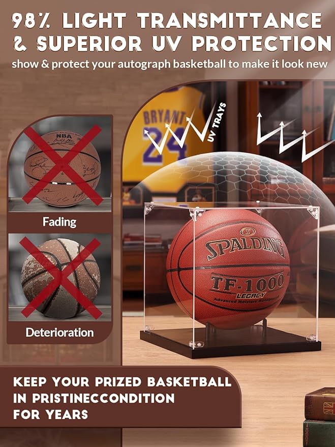 JupDec Basketball Display Case Acrylic Clear 10" Full Size with Solid Wood Base, UV Protected Soccer Display Stand Box for Autographed Standard NBA WNBA Ball Memorabilia Keepsake Ideal Gift, Black