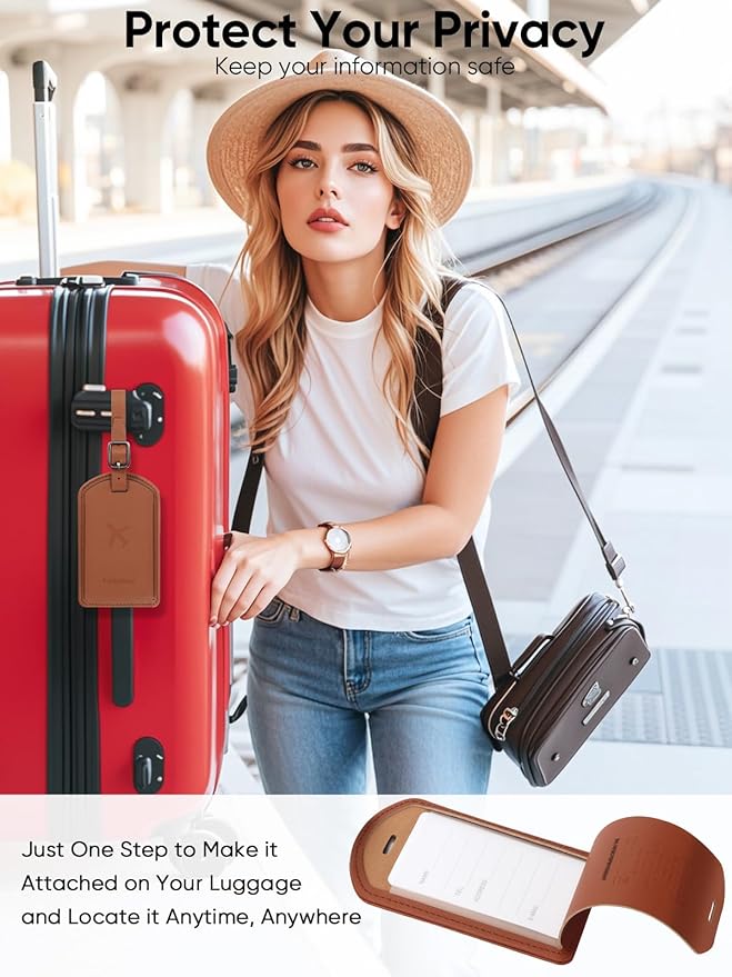 Luggage Tags Built-in Anti-Loss Tracker, Luxury Leather Luggage Tags for Suitcase, Travel Bags, Backpacks, Travel Organizer for Lost Baggage Prevention (Brown)