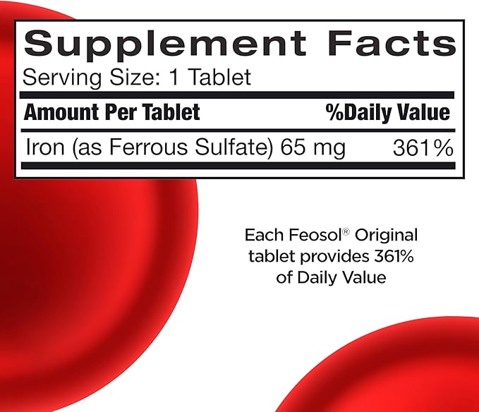 Feosol Original Iron Supplement Tablets,Non-heme 325mg Ferrous Sulfate (65mg Elemental Iron) per Pill, 1 Per Day, 4 Month Supply, for Energy and Immune System Support (120 ct Pack of 2)