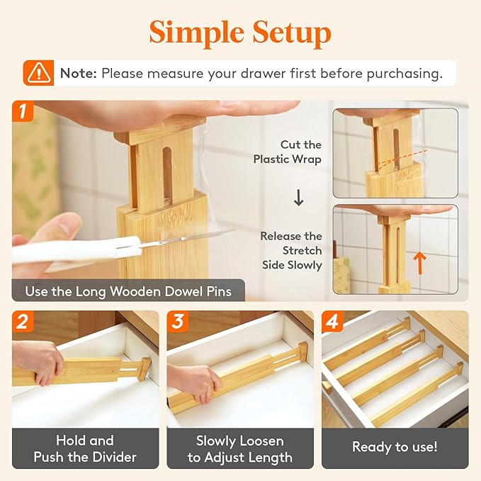 Lifewit 4 Pack Bamboo Drawer Dividers 2.4" High, 13-16.5" Kitchen Drawer Organizers, Adjustable Wooden Drawer Dividers for Clothes, Expandable Drawer Separators for Dresser, Bedroom, Bathroom, Cabinet