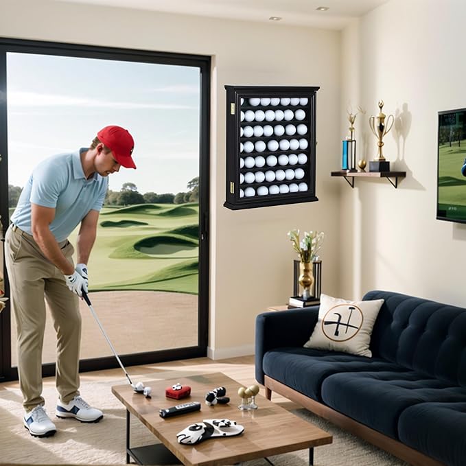 49 Golf Ball Display Case Wall Mount Cabinet Lockable Real Glass Door Solid Wood Frame 98 UV Protection Great Golfer Gift 17.4" H x 14.5" W x 3" D Indentations to Prevent Rolling