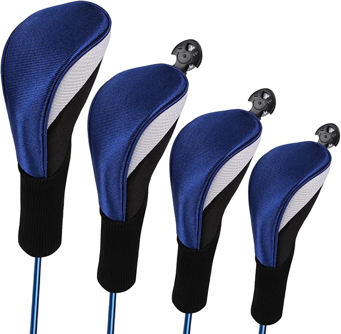 Lybile Golf Club Head Covers for Fairway Woods Driver Hybrids, 4Pcs Long Neck Mesh Golf Club Headcovers Set with Interchangeable No. Tags 3 4 5 6 7 X (Blue)