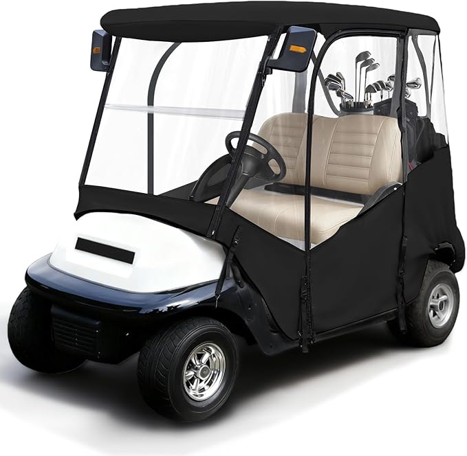iLSKW Golf Cart Driving Enclosure 2 Passenger Only for Club Car Precedent 2004-Up, Tempo & Onward 2017-Up Cart with Roll Up Door Zipper Design, 4-Side Clear Windows 600D Heavy Duty Rain Cover